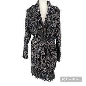 SUNDANCE CATALOG Tie Waist Cardigan Blanket Sweater Coat Size Medium Fringe Navy